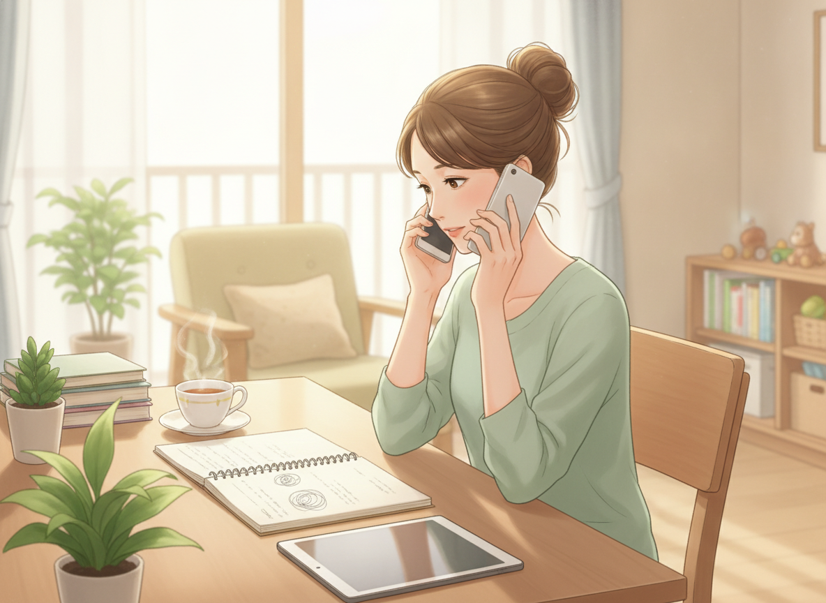 放課後等デイサービスの空き状況を電話で確認している保護者のイラスト
