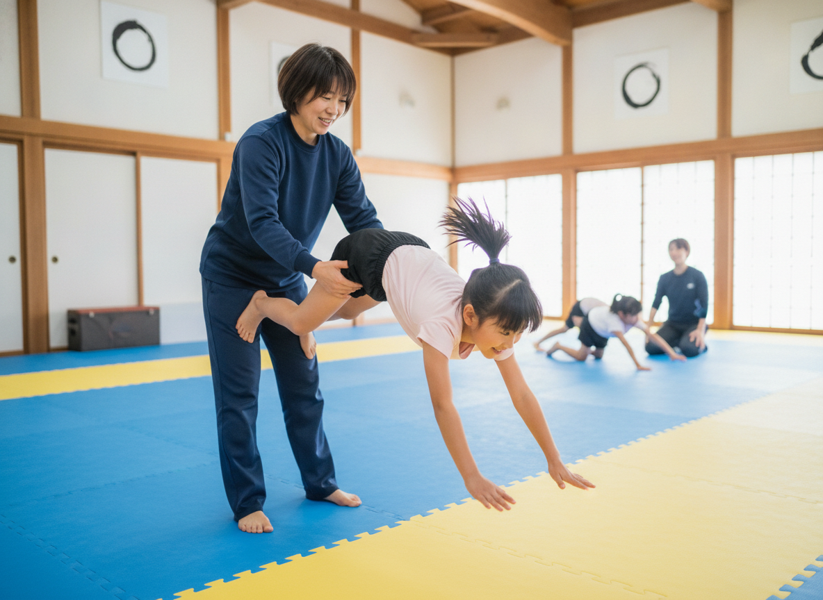 補助具とコーチの補助を使ってバク転を練習する小学生