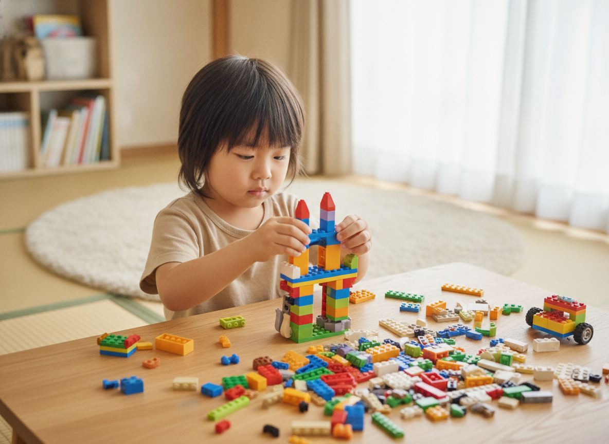 レゴブロックに集中して取り組む幼児