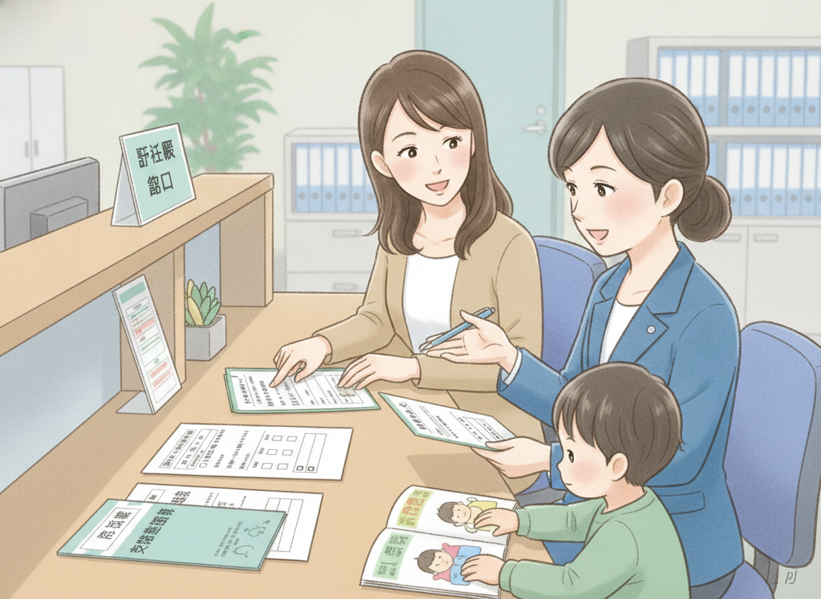 さいたま市の障害福祉課窓口で受給者証の申請手続きをする保護者のイメージ