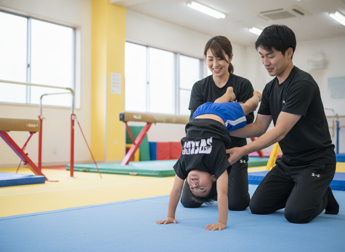 補助具を使ってバク転を練習する小学生と講師のマンツーマン指導の様子