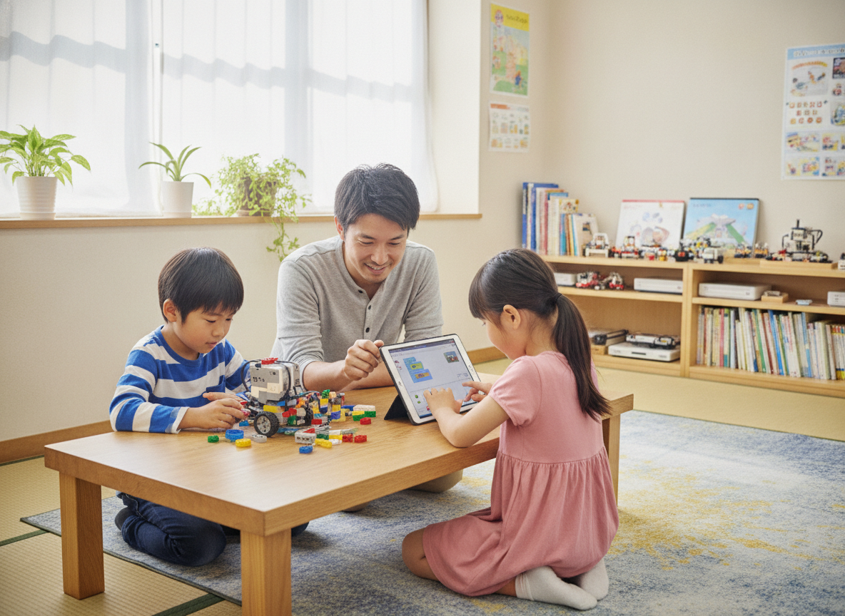 講師1名が子ども2〜3名に個別指導している少人数プログラミング教室の様子
