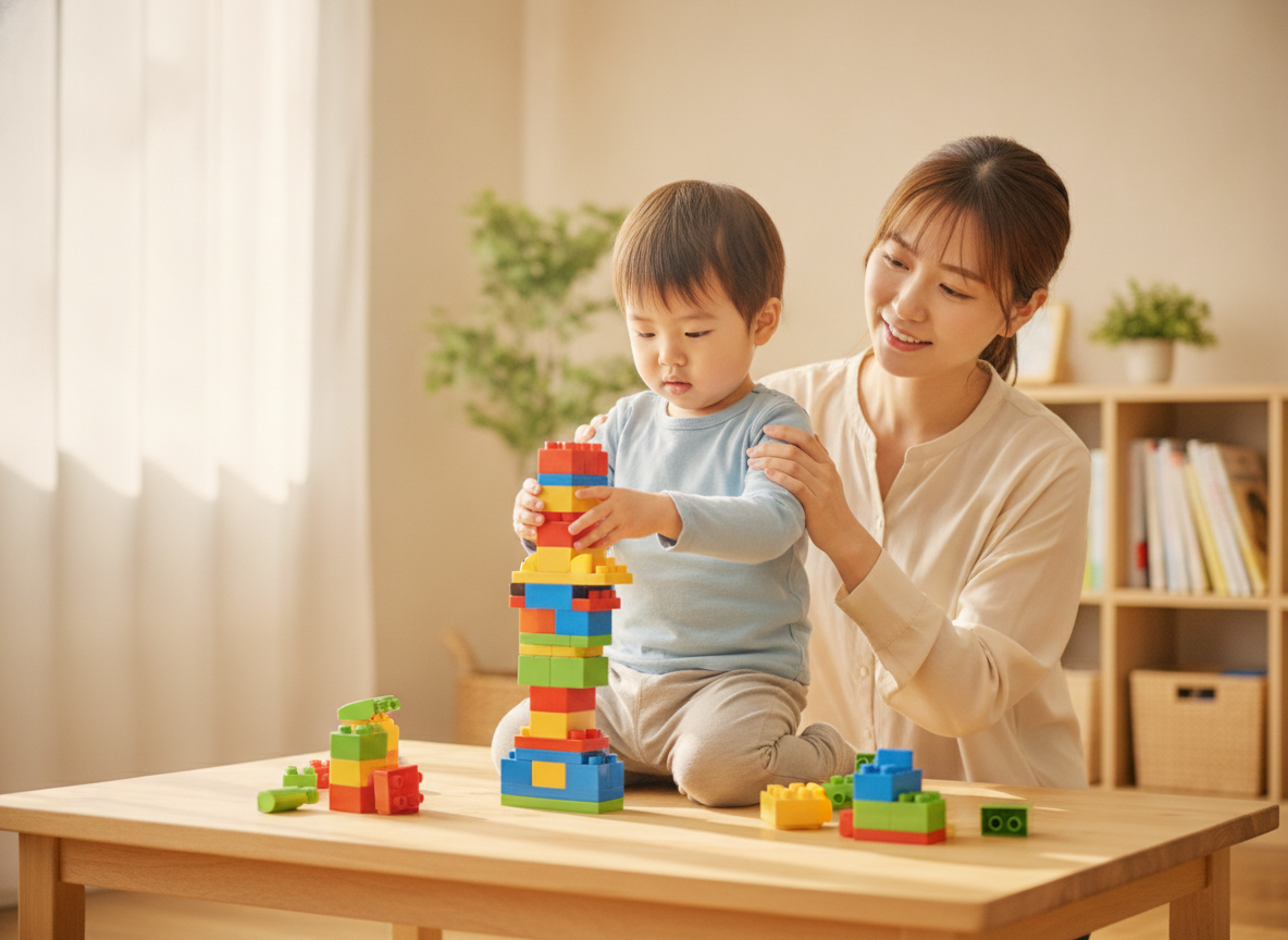 デュプロブロックで遊ぶ幼児と見守る保護者