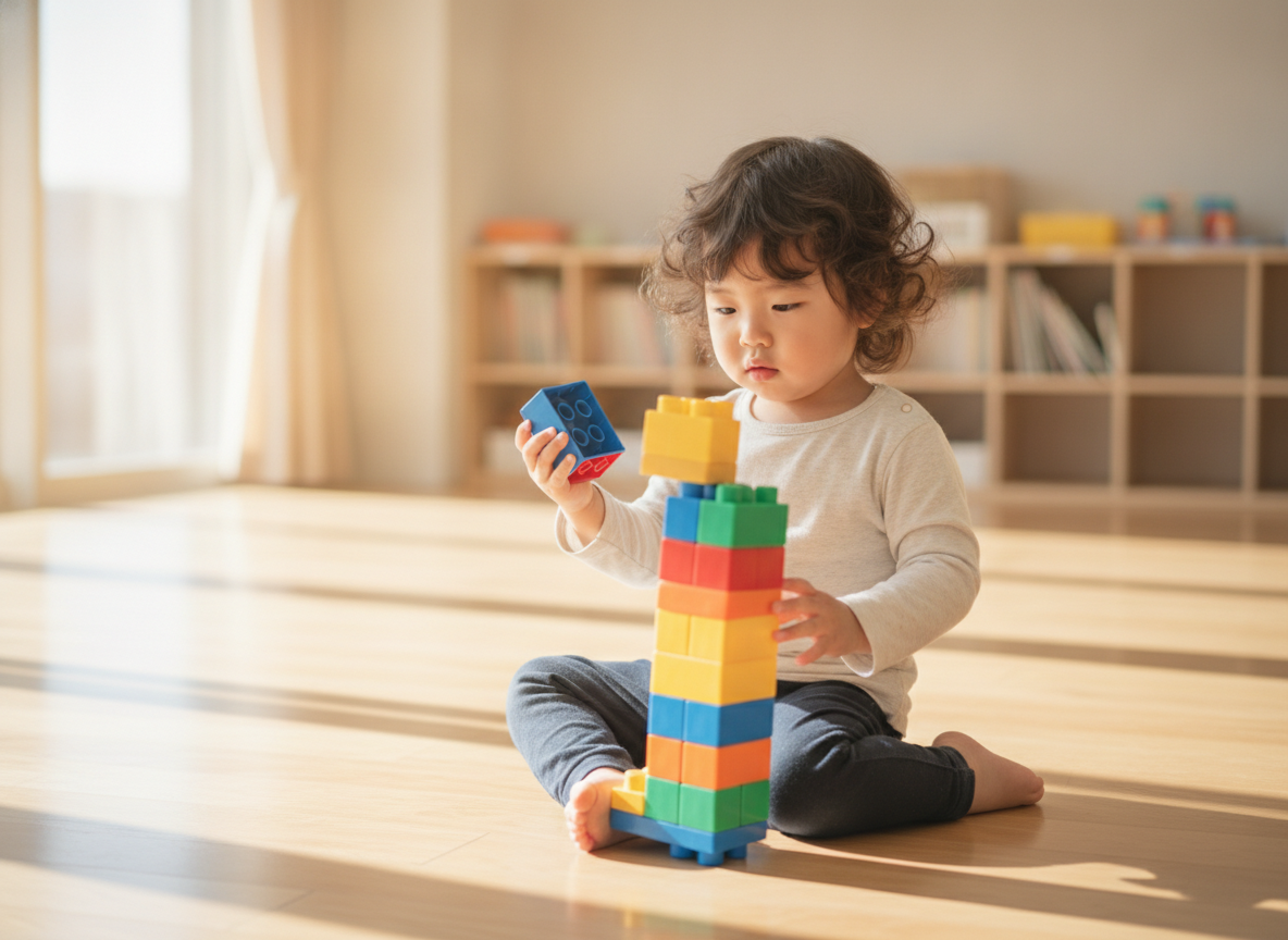 3歳の幼児がカラフルなブロックで遊んでいる様子