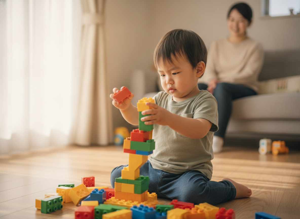 幼児がデュプロブロックで試行錯誤しながら遊んでいる様子