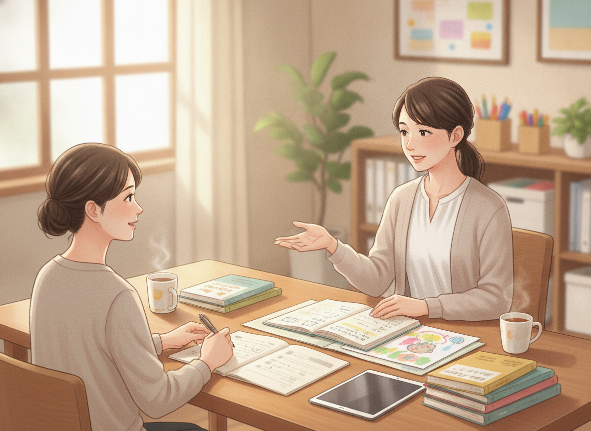 放課後等デイサービスの支援員と保護者が情報共有している様子