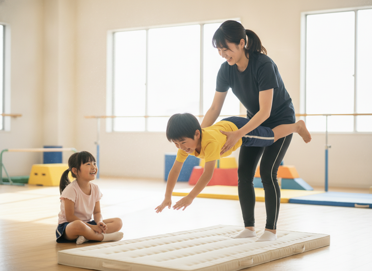インストラクターが子どもにアクロバット・体操の補助をしている練習風景