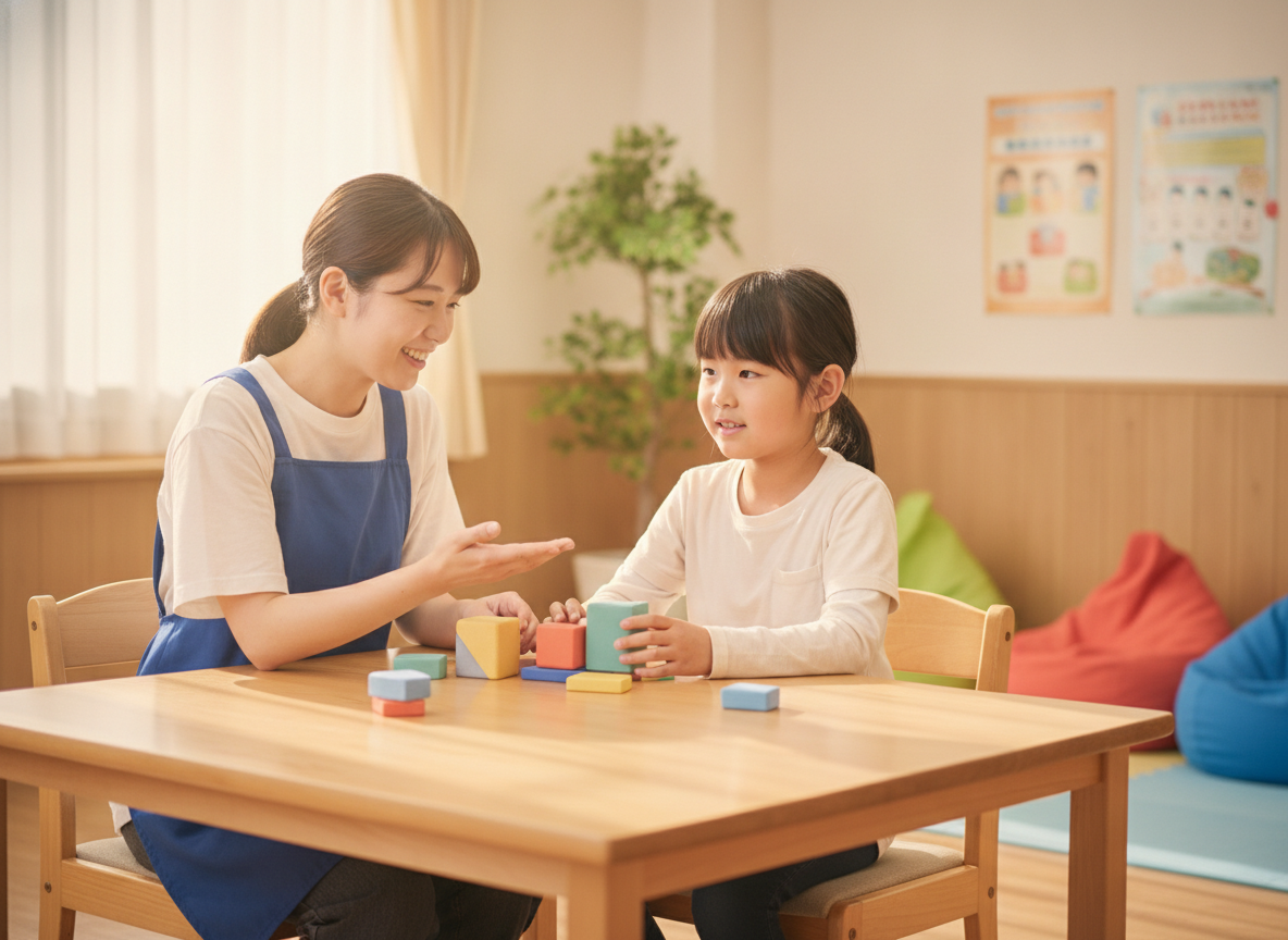 放課後等デイサービスで支援員と活動する子どものイメージ