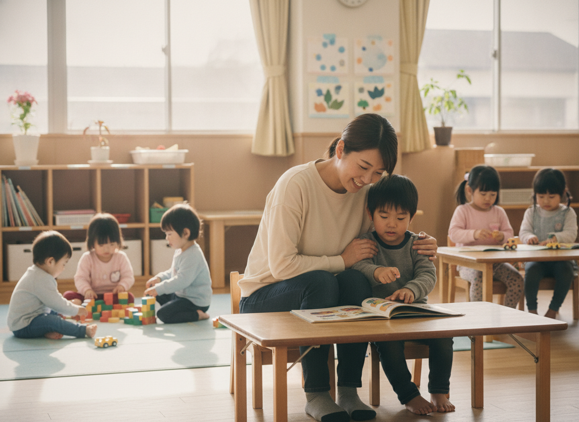 保育所で支援者が子どもに寄り添い集団活動を支援している様子