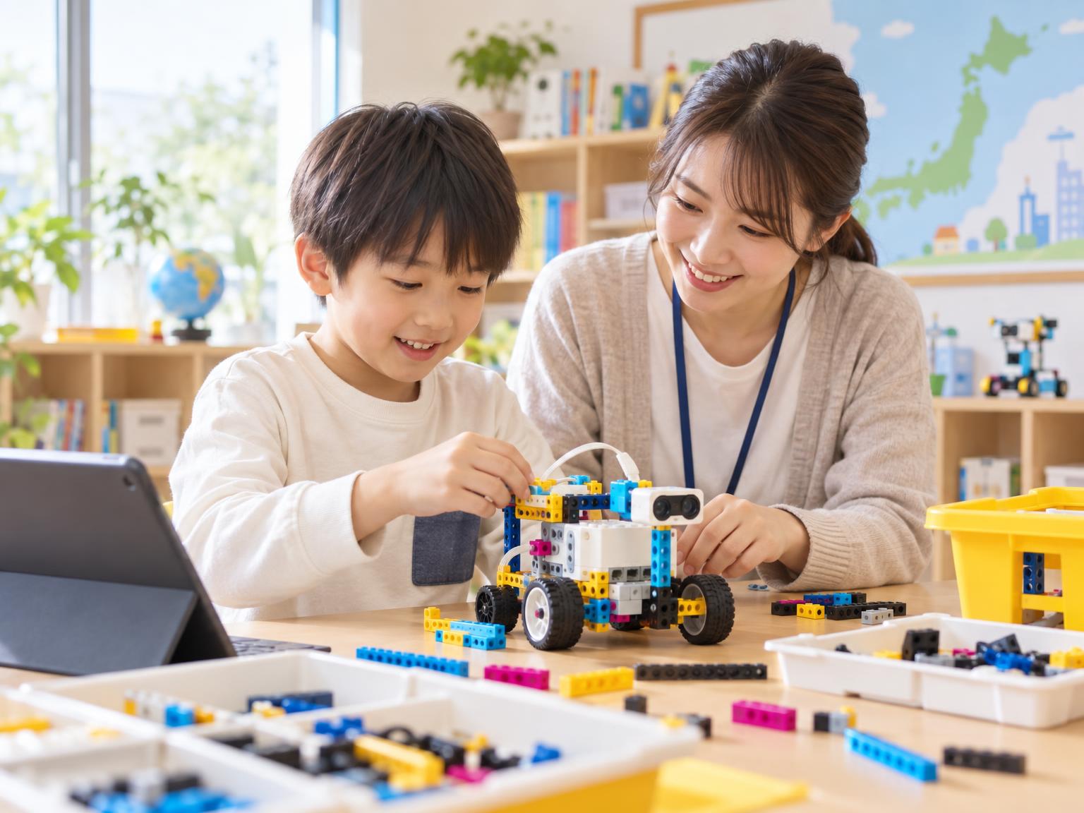 放課後等デイサービスでLEGO SPIKEを使ってロボットを組み立てる子どもとスタッフ