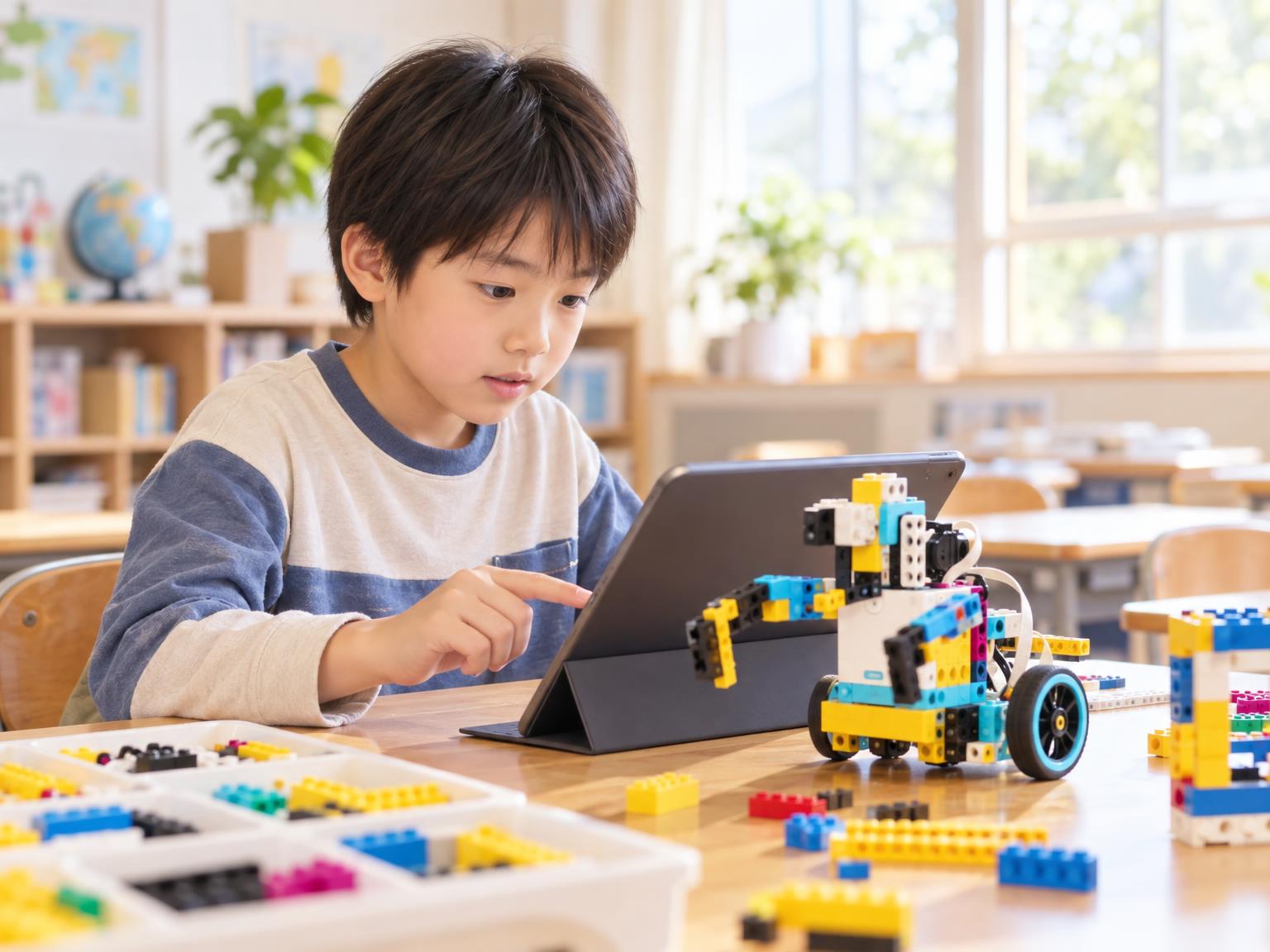 小学生がLEGO SPIKEのロボットをタブレットでプログラムしている様子
