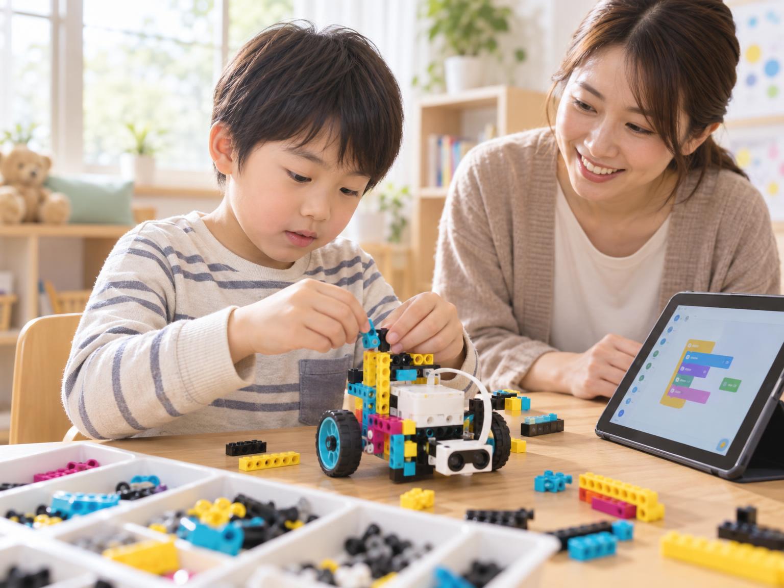 LEGO SPIKEのブロックを組み立てながらプログラミングに取り組む子ども