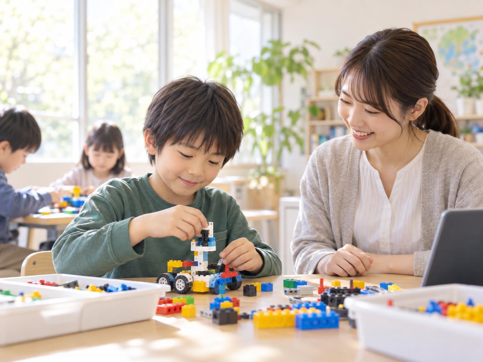 少人数のプログラミング教室でレゴを使って学ぶ小学生と見守る講師