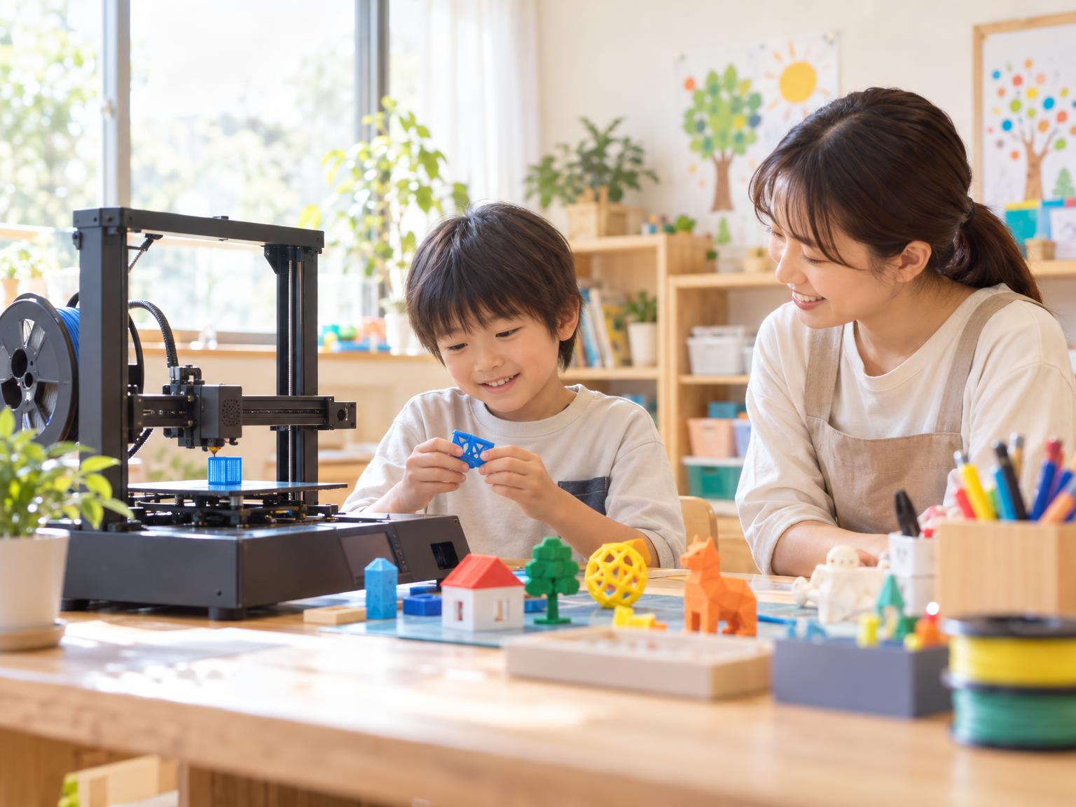 放課後等デイサービスでものづくり活動に取り組む子どもと支援スタッフ