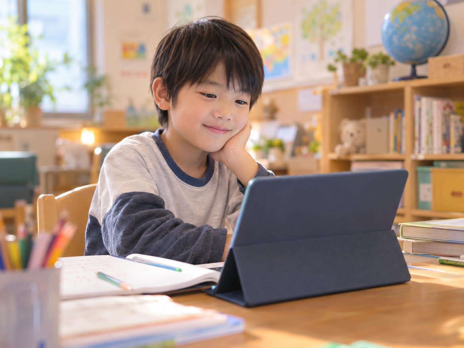 放課後等デイサービスでWeb学習システムに取り組む小学生