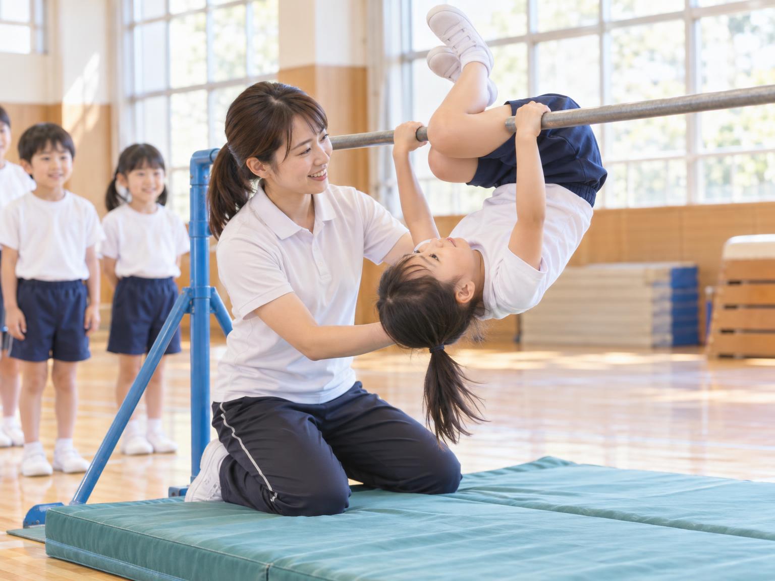 体操教室で逆上がりに挑戦する小学生と補助する指導者