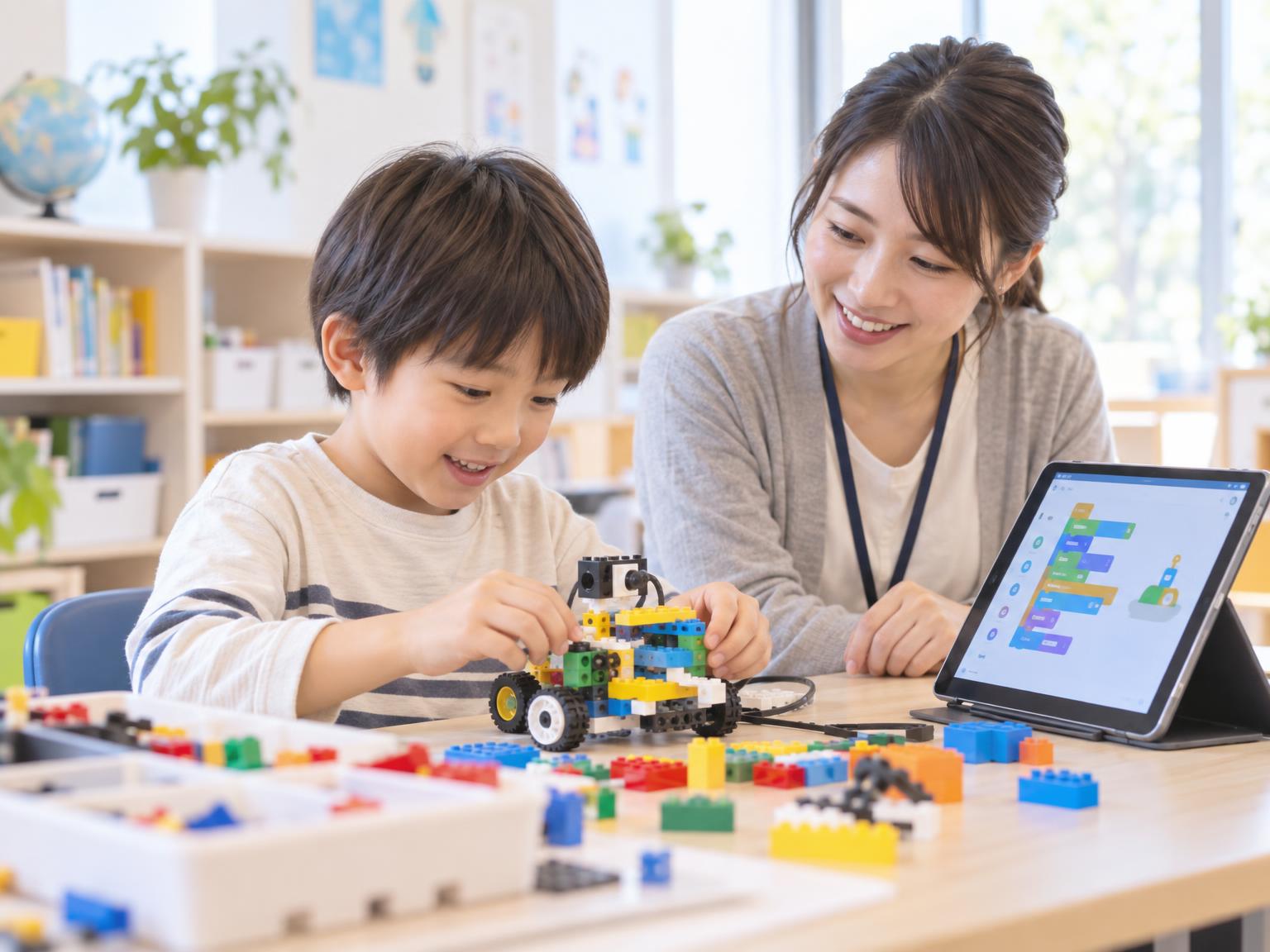 レゴ教材とデジタルプログラミングツールを並べた子どもの学習環境