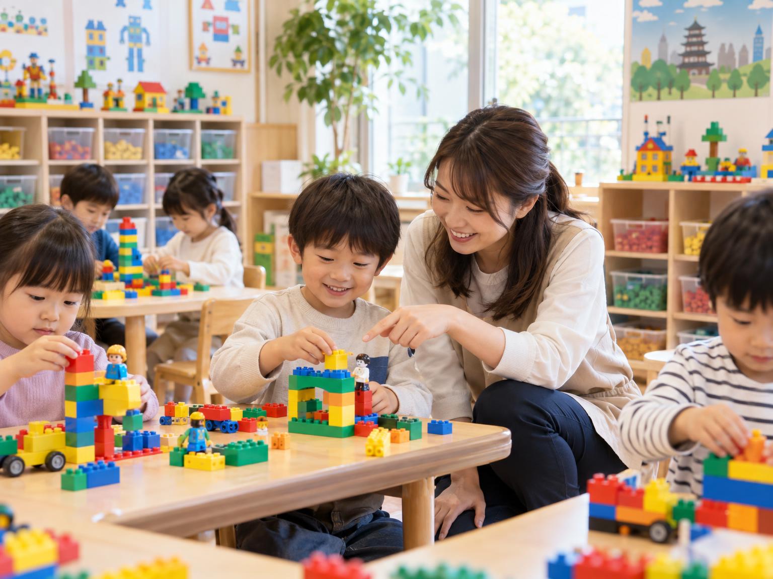 レゴブロックを使って学ぶ子どもたちと個別指導する講師の様子