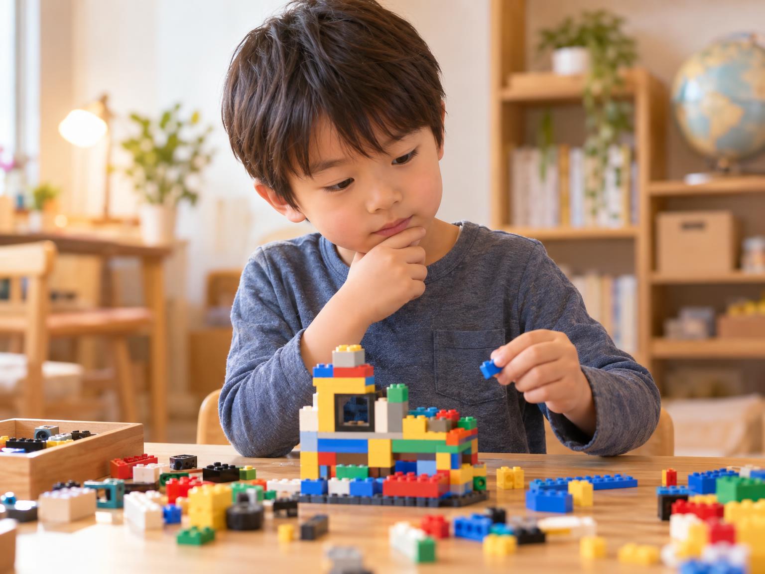 レゴブロックで構造物を考えながら組み立てる子ども