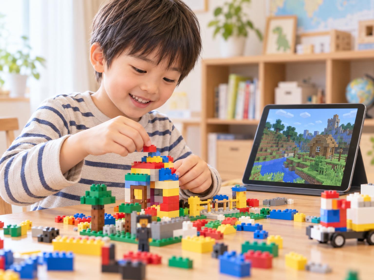 レゴブロックで遊ぶ子どもと背景に映るマインクラフトの画面