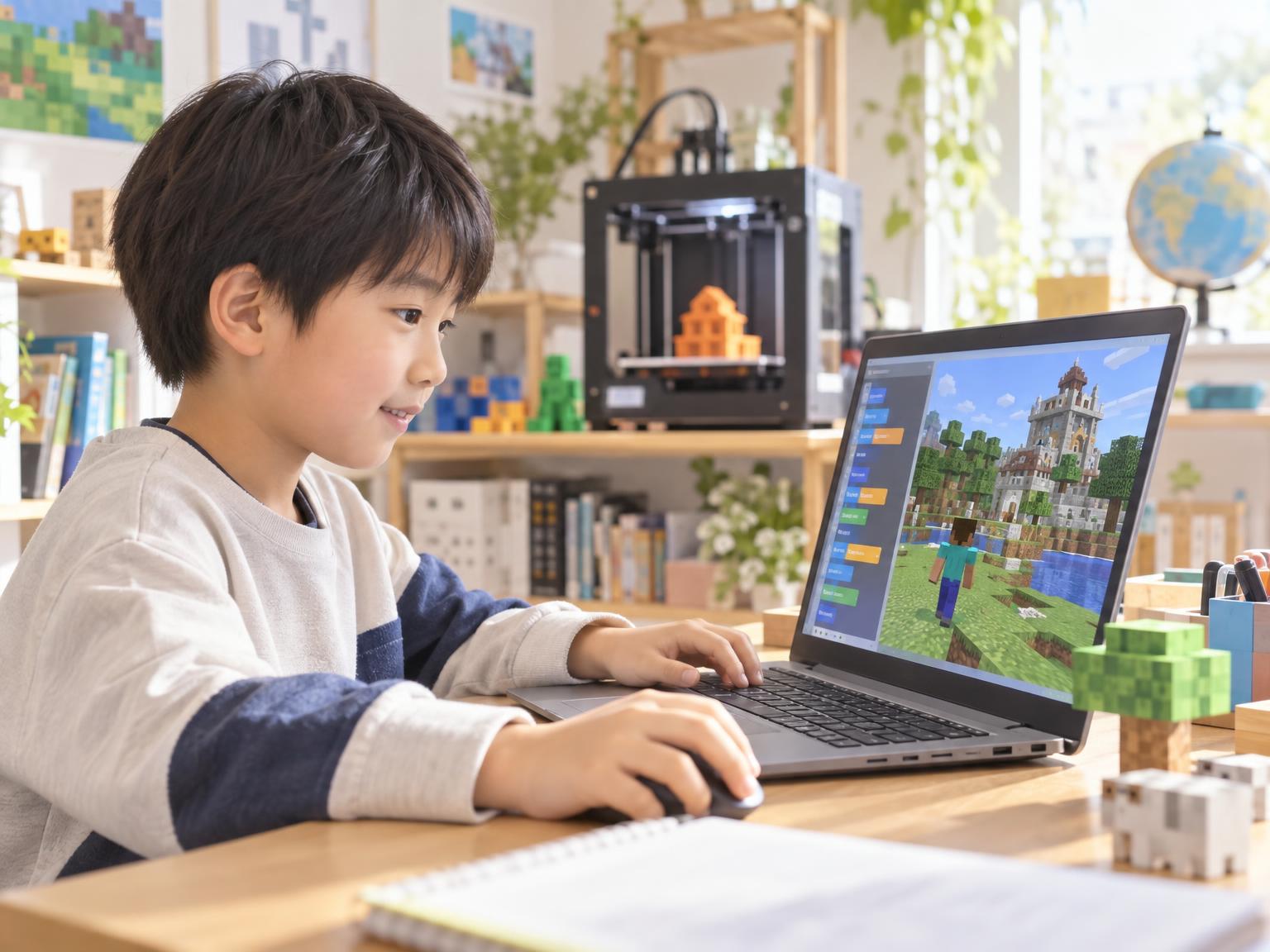 マインクラフトを使ったプログラミング学習に取り組む小学生と背景の3Dプリンター