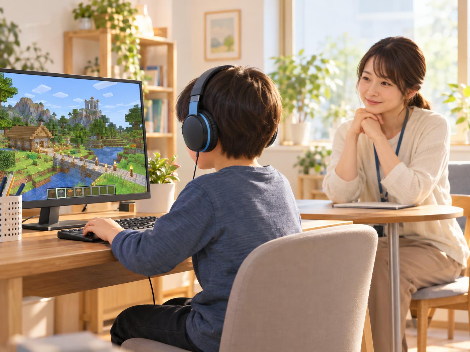 少人数の指導環境でマインクラフトに取り組む子どもと講師のイラスト