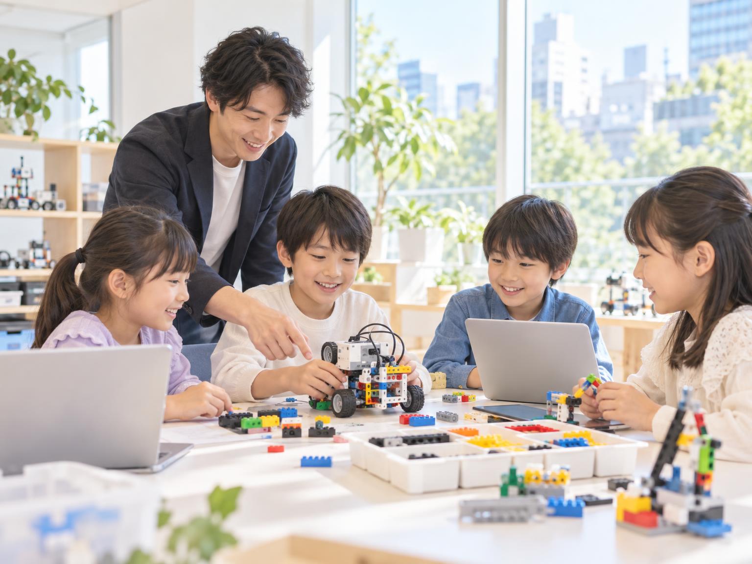 港区の小学生向けロボット・プログラミング教室で少人数指導を受ける子どもたち