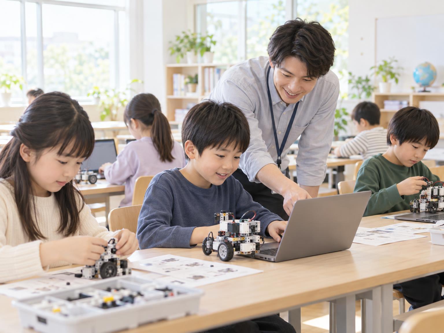 学童保育でロボット・プログラミングを学ぶ子どもたちと講師