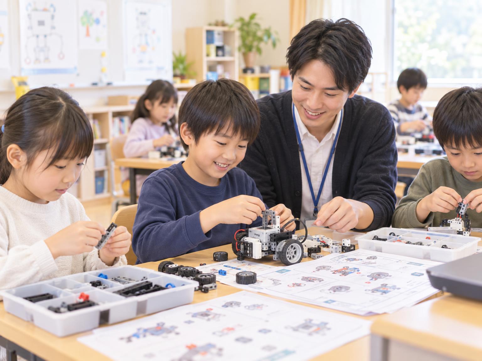 学童施設でロボットプログラミングに取り組む小学生と講師
