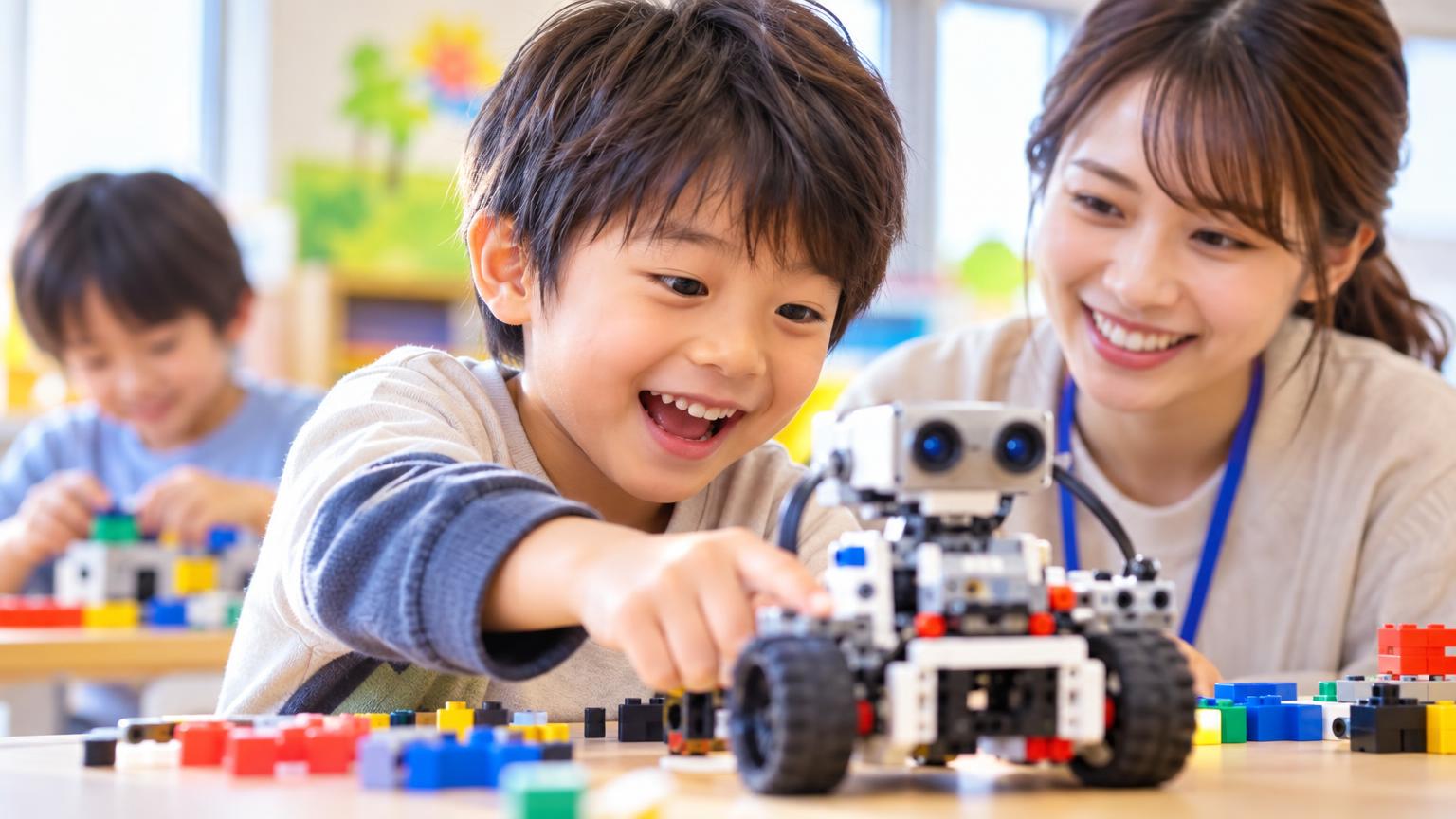 児童発達支援・放デイへのロボット・プログラミング導入｜療育的効果の考え方と出張型サービスの仕組みの内容を表すアイキャッチ画像