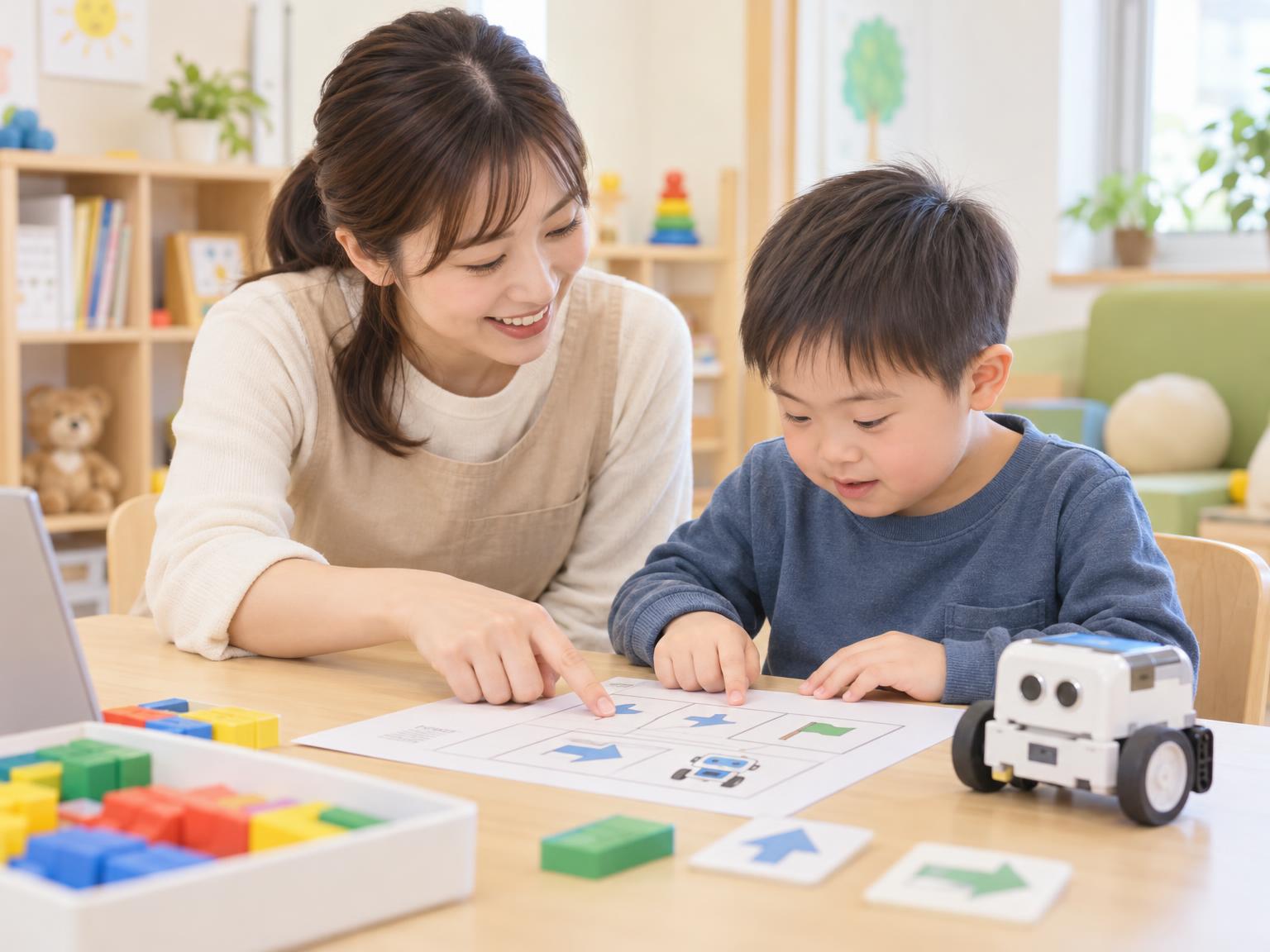 放課後等デイサービスでロボットプログラミングに取り組む子どもと指導者のイラスト