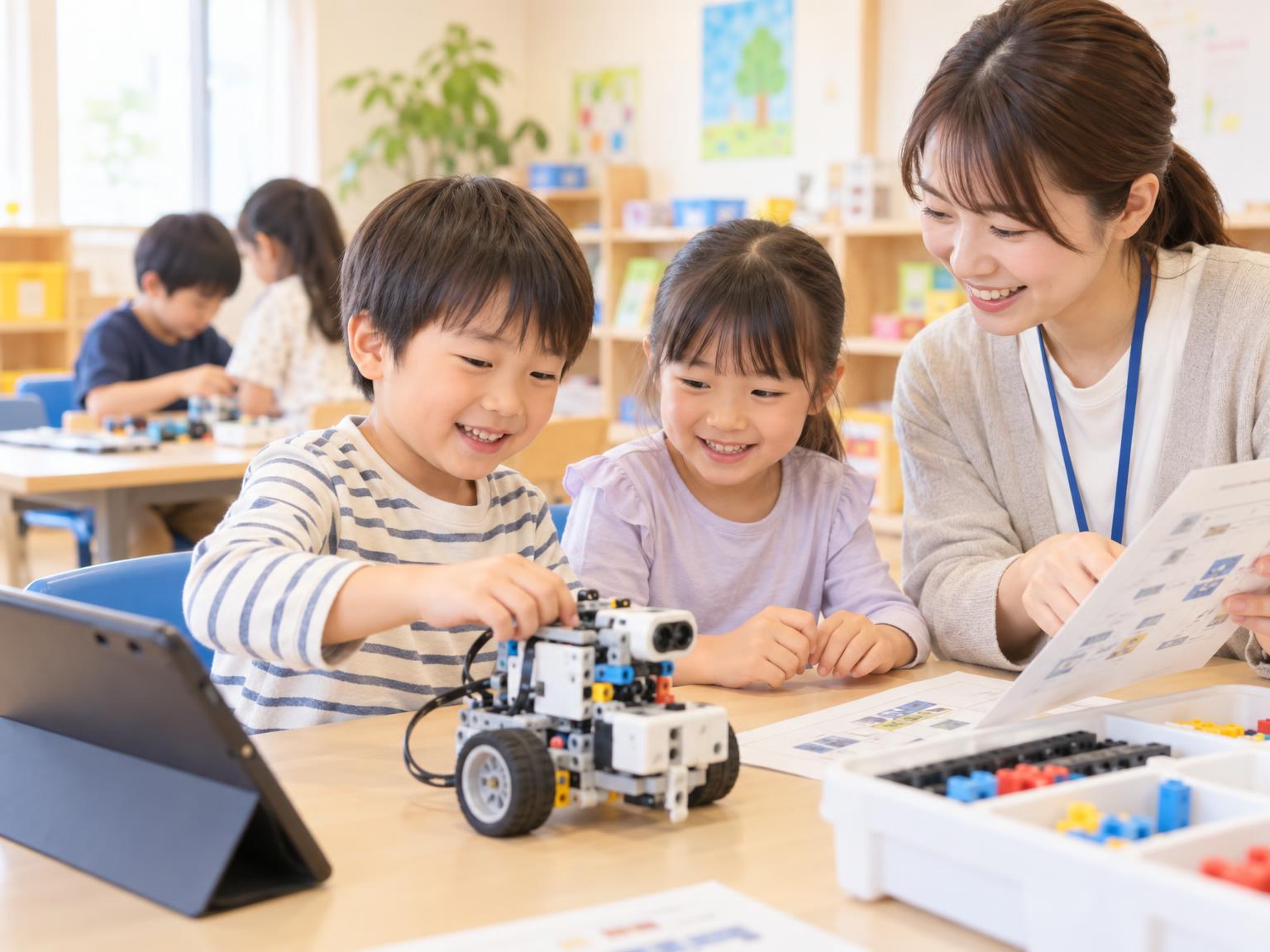 学童保育でロボット・プログラミングを体験する子どもたちと講師