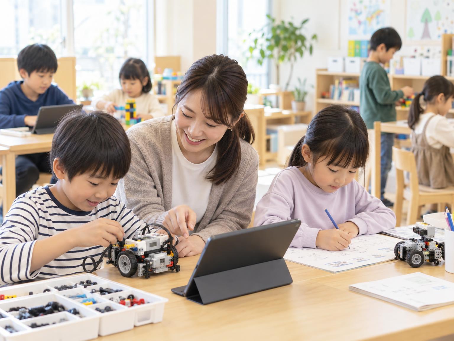 学童保育でロボット・プログラミングに取り組む小学生たちと講師