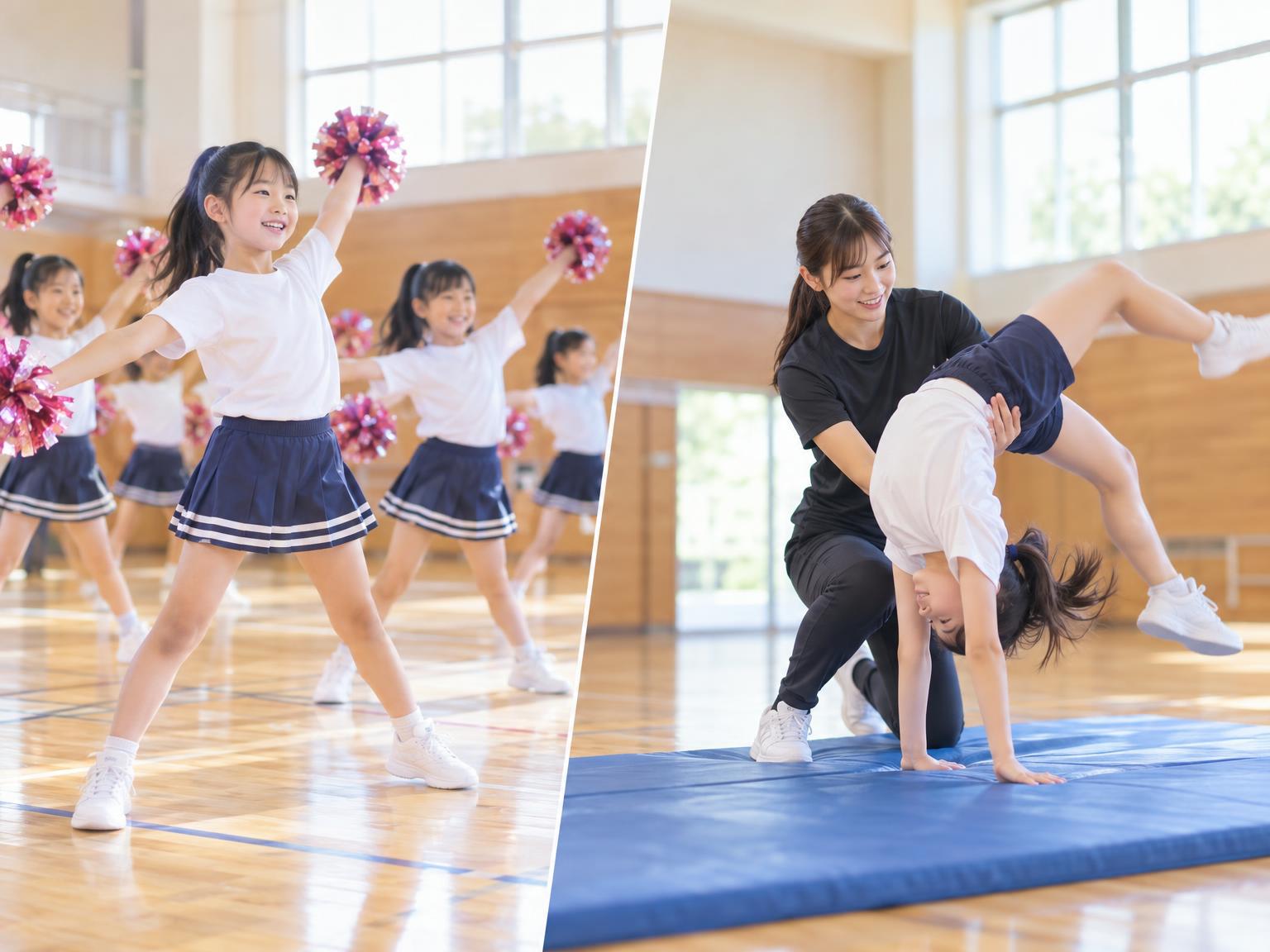 チアダンスのグループ練習とパーソナルレッスンの対比イメージ