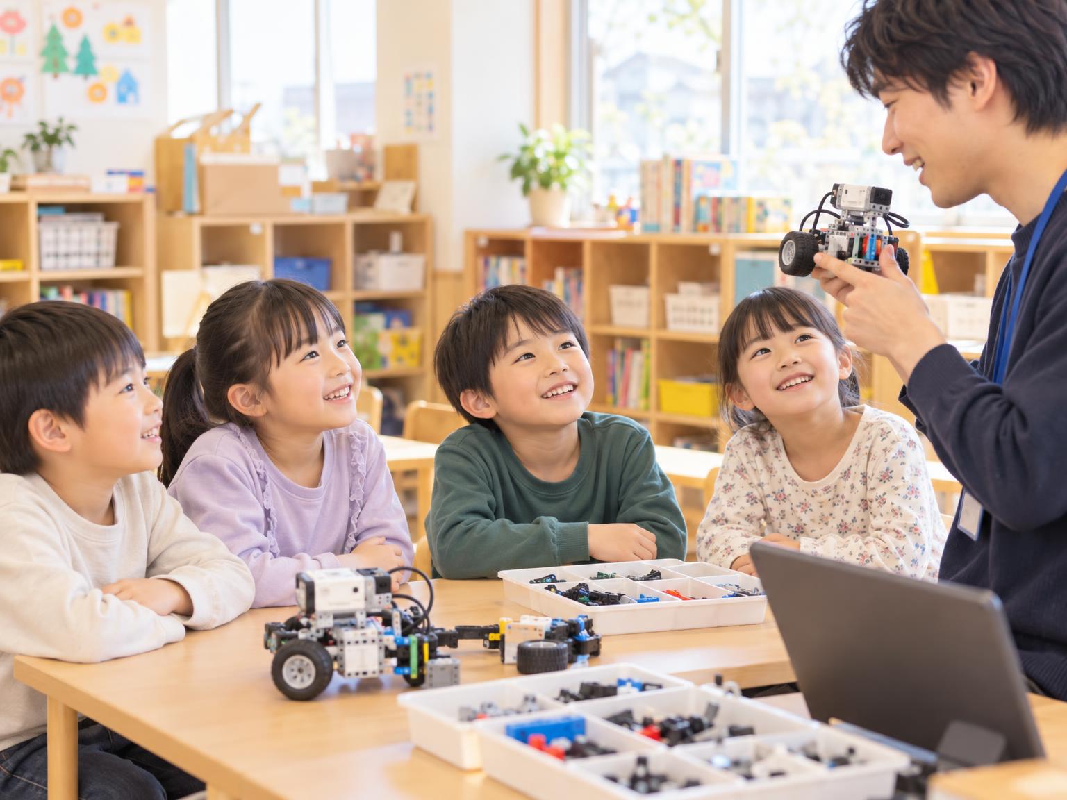 学童保育でプログラミング・ロボット授業を受ける小学生たち