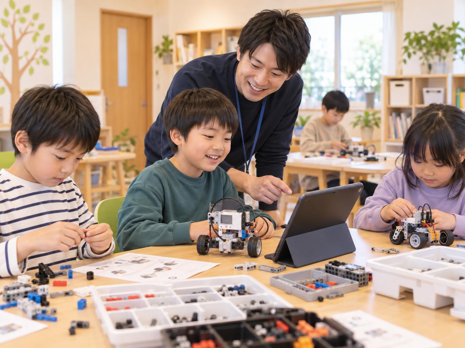 放課後等デイサービスでロボットプログラミングに取り組む子どもたちと講師