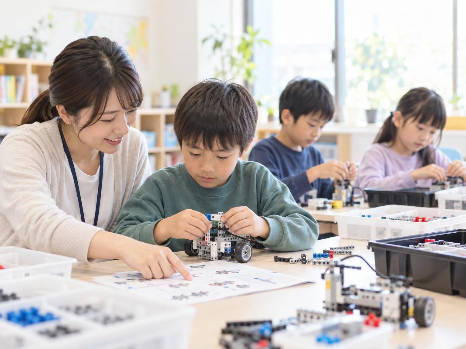 放課後等デイサービスでロボットプログラミングに取り組む子どもたちと講師