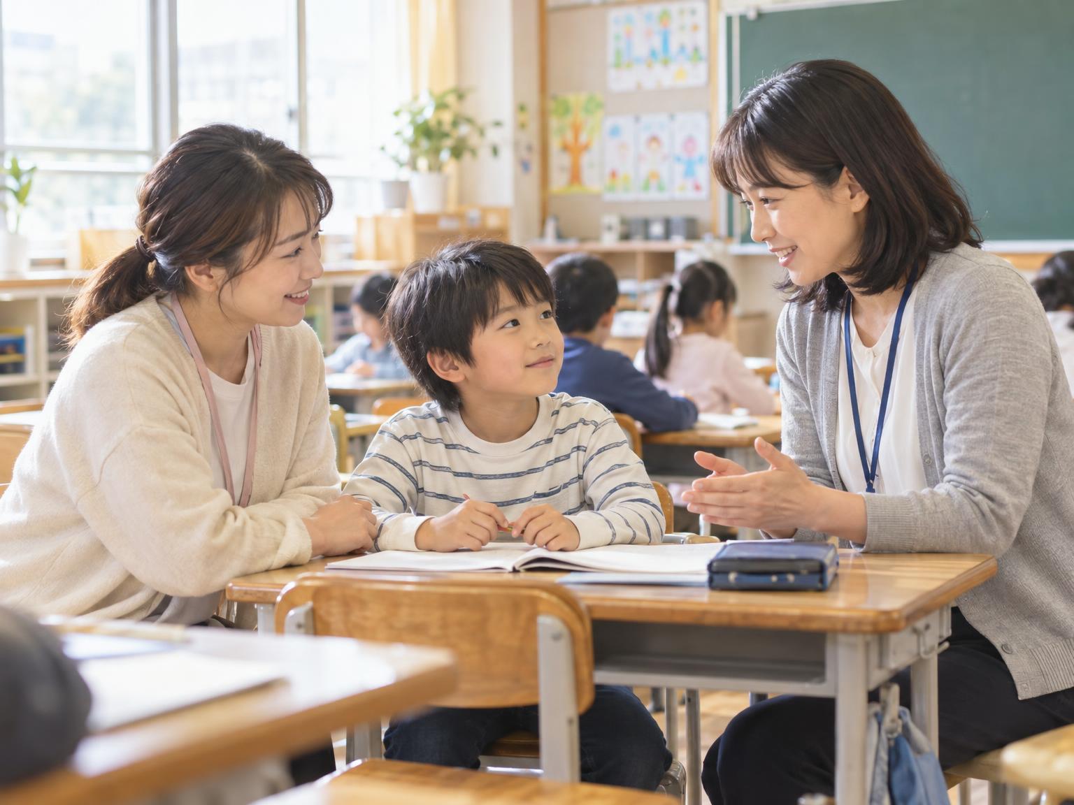 小学校の教室で支援員が子どもと担任に寄り添う場面