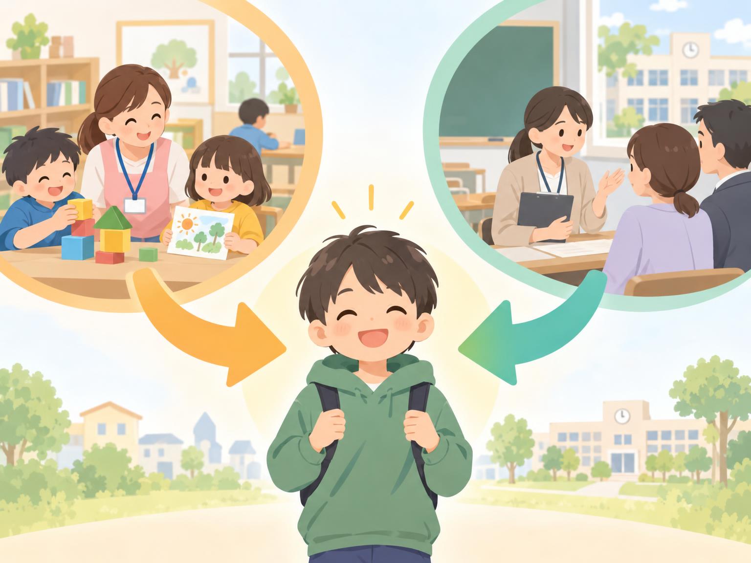 放課後等デイサービスと保育所等訪問支援の役割の違いを示すイメージ図