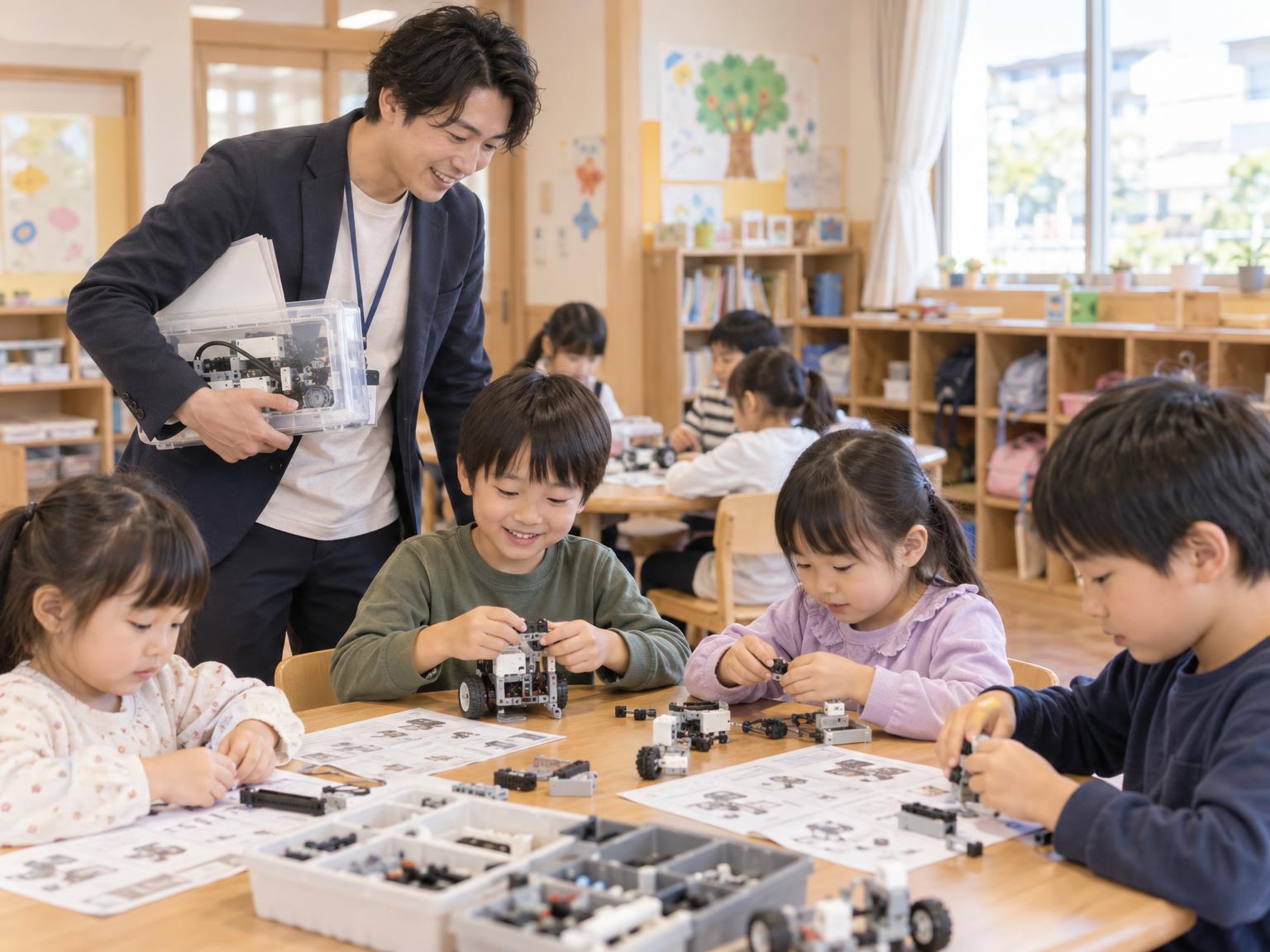 出張型ロボット・プログラミング教室の様子。講師が機材と教材を持参し、学年混合の子どもたちがワークシートを使って学んでいる。