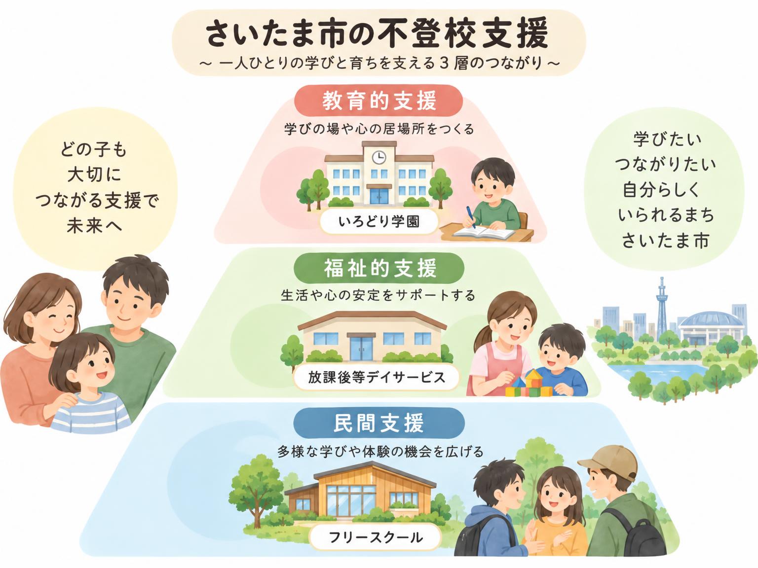 さいたま市の不登校支援の3層構造を示す図解