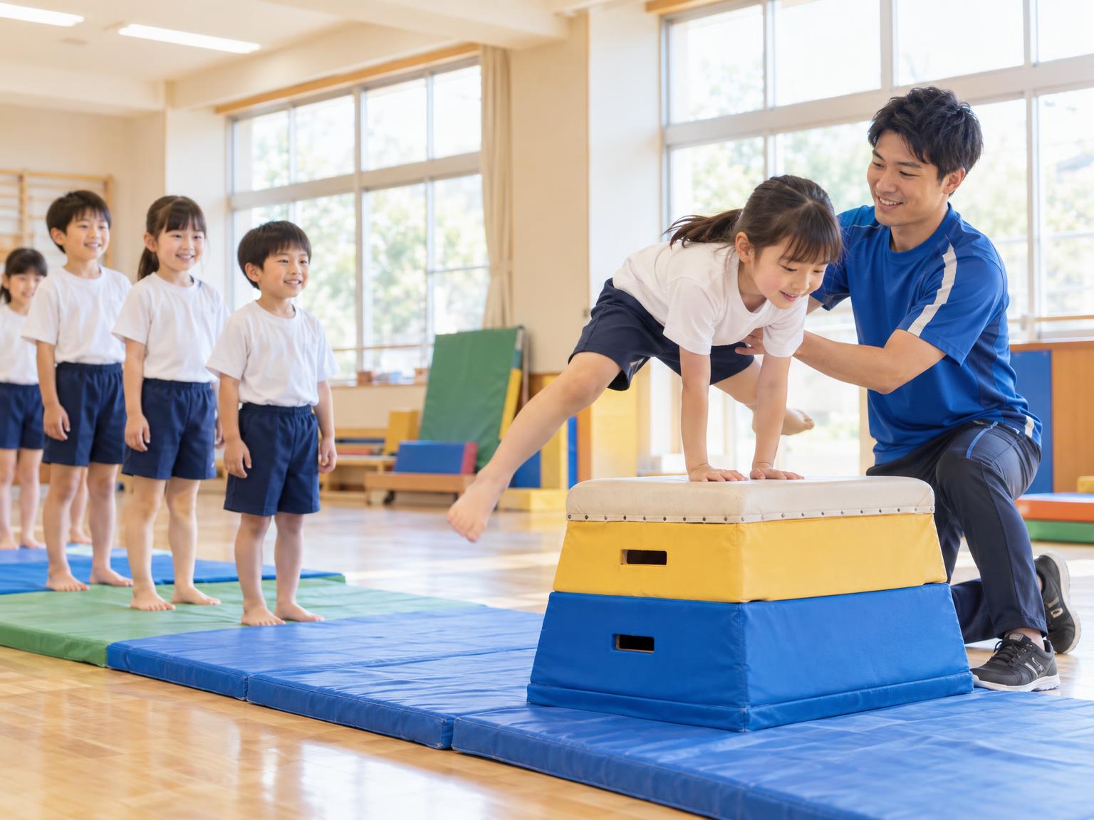 学童施設で体操・アクロバット指導を受ける子どもたち
