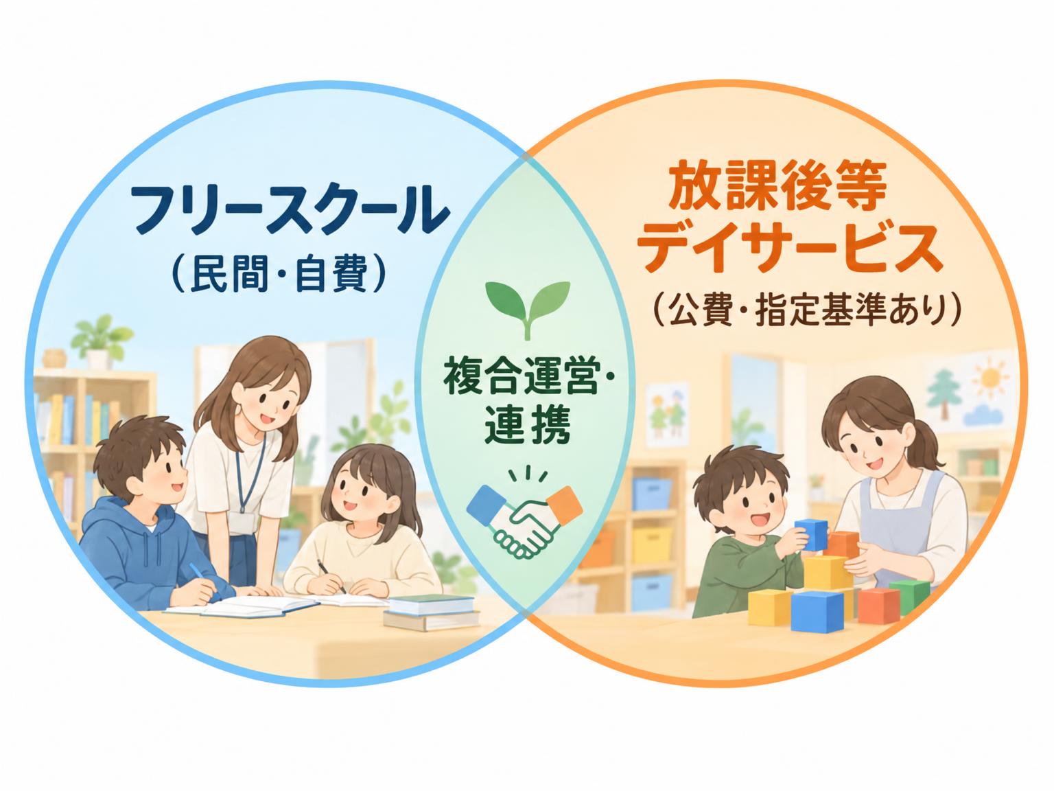 フリースクールと放課後等デイサービスの制度的位置づけの違いと複合運営の関係を示す概念図