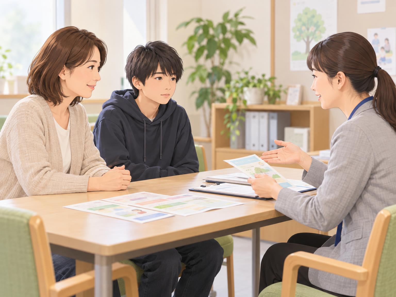 保護者が区役所の障害福祉担当窓口で保育所等訪問支援について相談している様子