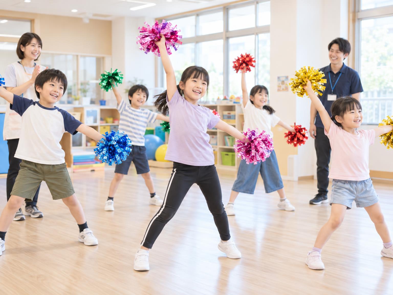 放課後等デイサービスでチアダンスの練習をする子どもたち