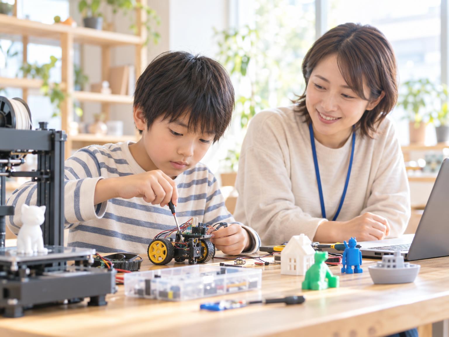 放課後等デイサービスでものづくりに取り組む小学生と支援員