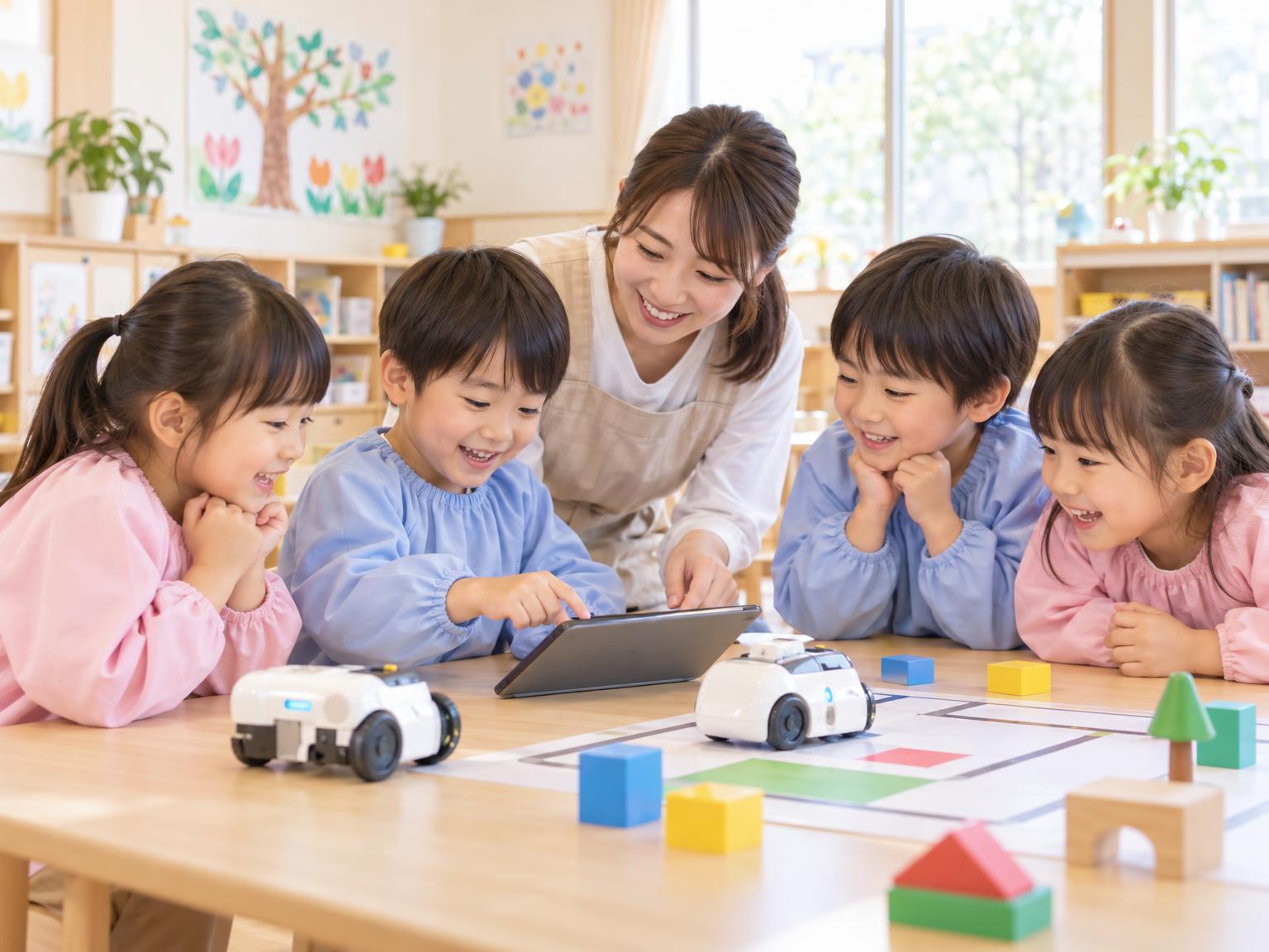 保育園の年長クラスでロボットプログラミング体験をする子どもたち
