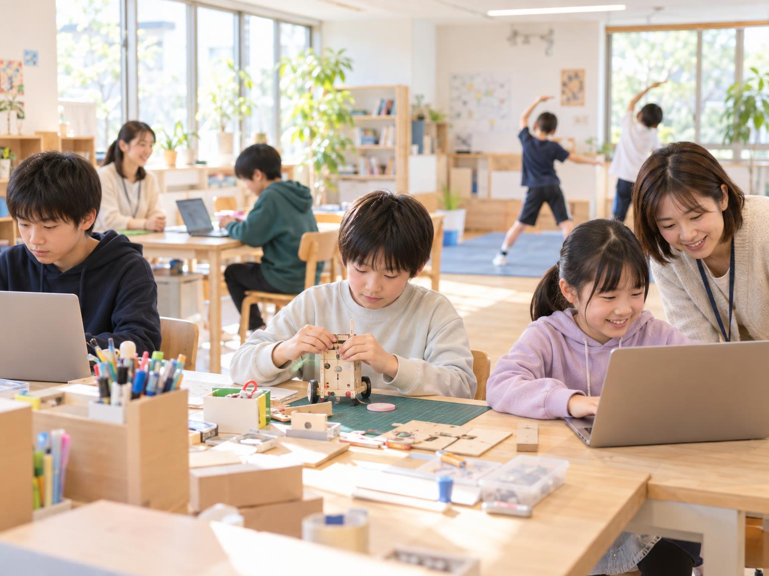 フリースクールでプログラミングとものづくりに取り組む子どもたち