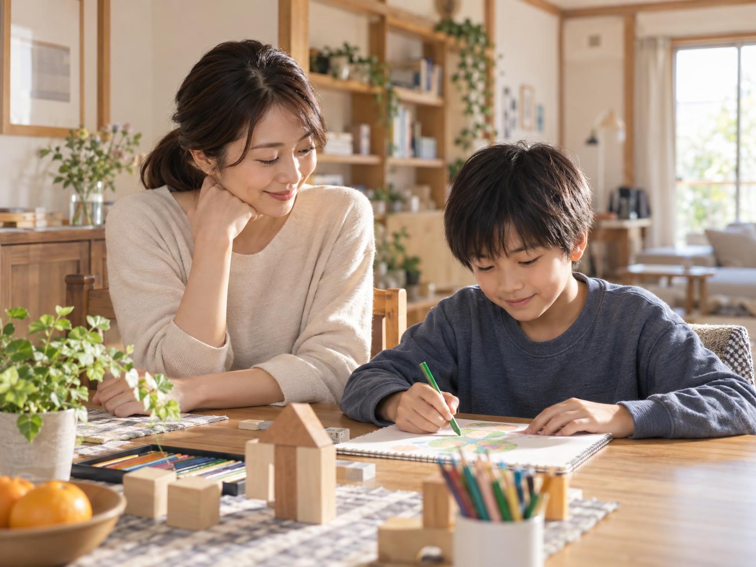 安定期に入り、好きな活動に集中し始めた子どもと穏やかに寄り添う保護者のイメージ