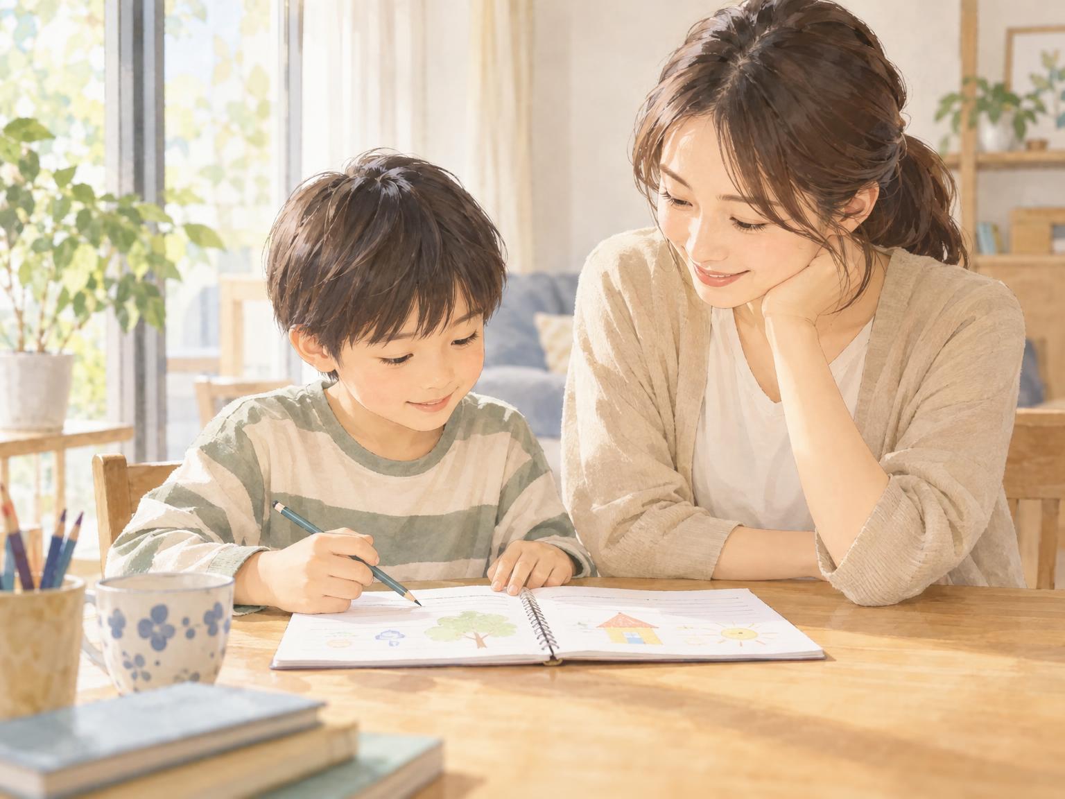 保護者が子どもの様子を記録しながら一緒に考えているイラスト